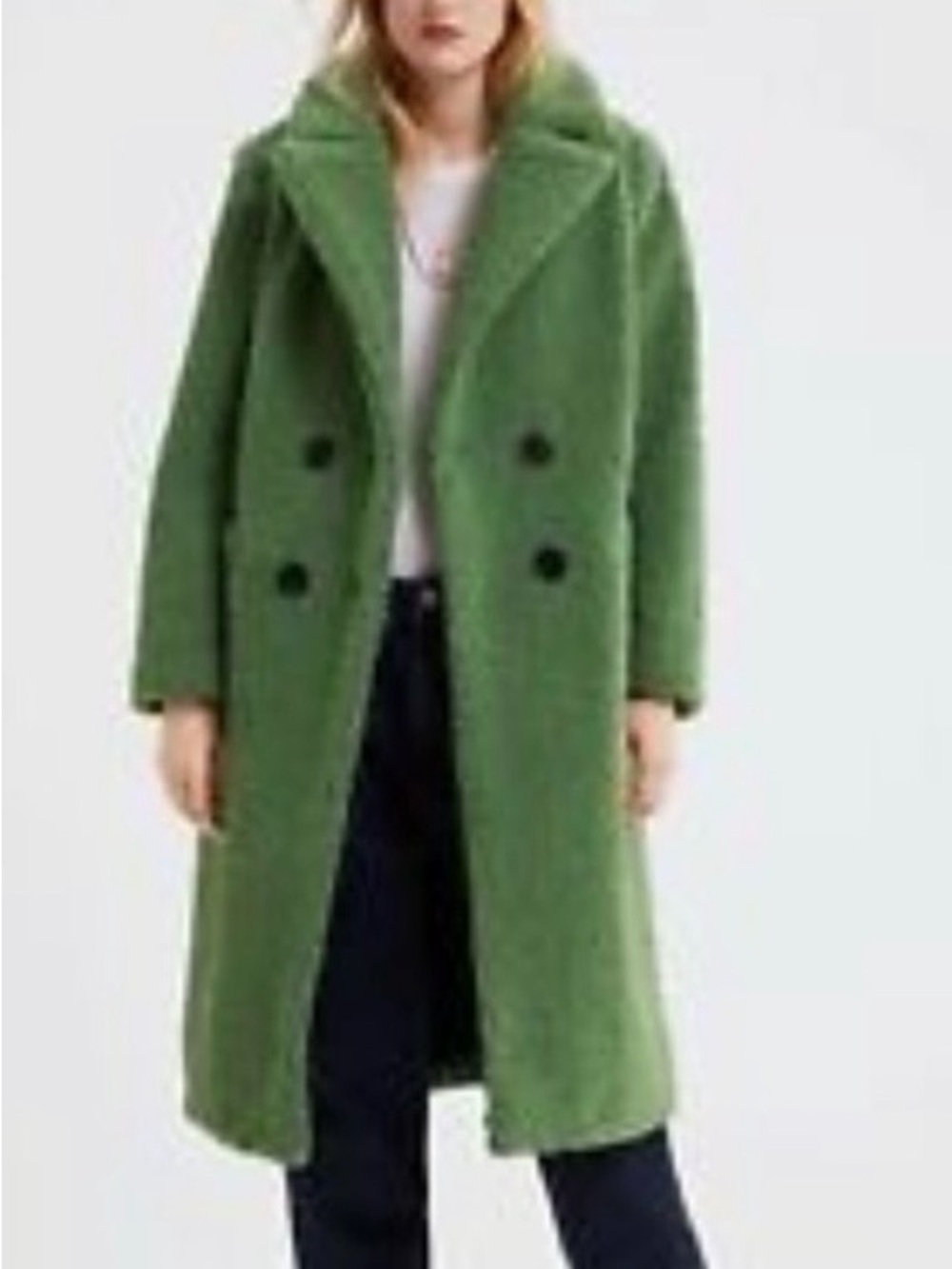 Zara Green Teddy Double-Breasted Faux Shearling Coat Dark Olive Green